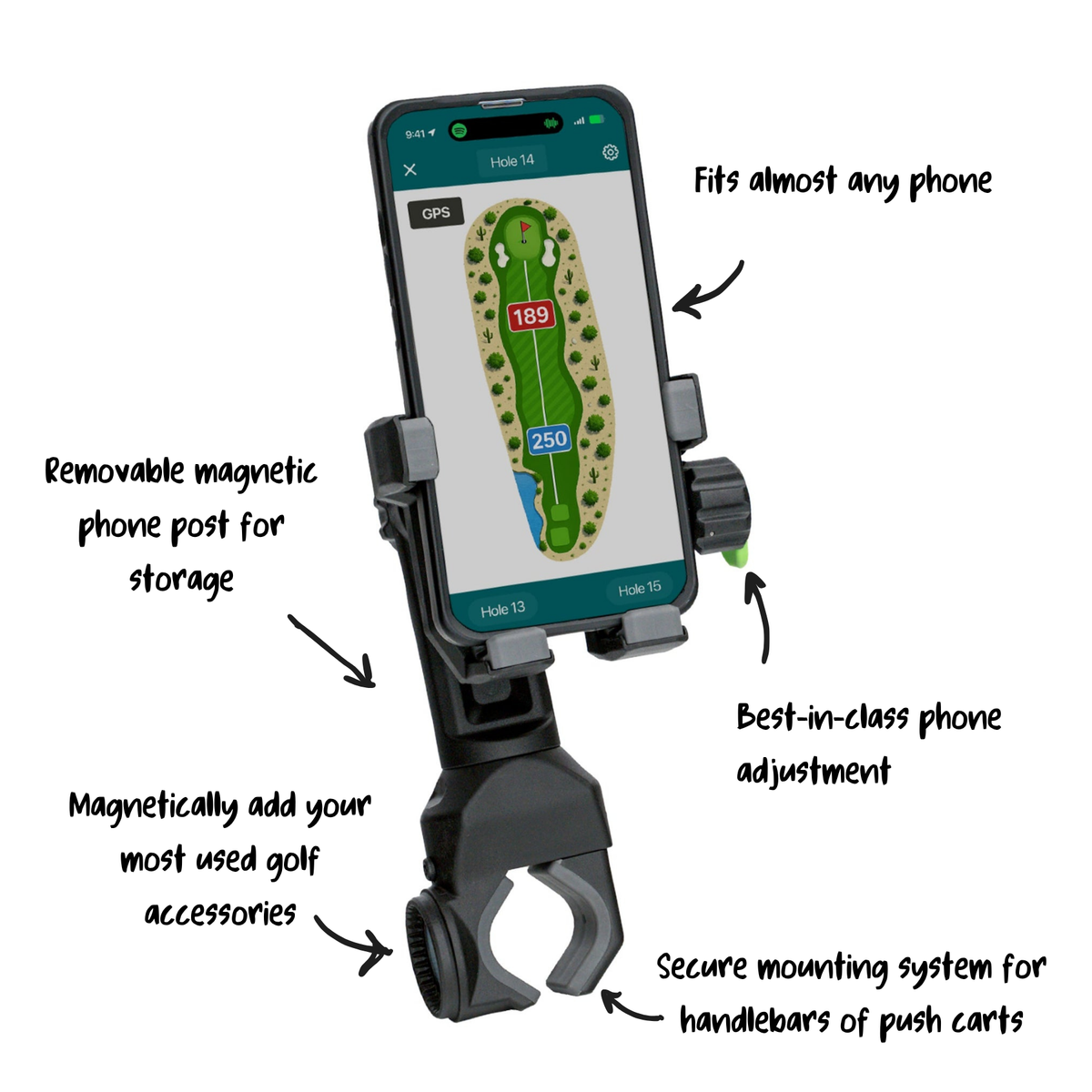 PushStack magnetic push cart phone mount features: fits almost any phone, best-in-class phone adjustment, removable magnetic phone post, secure handlebar mounting