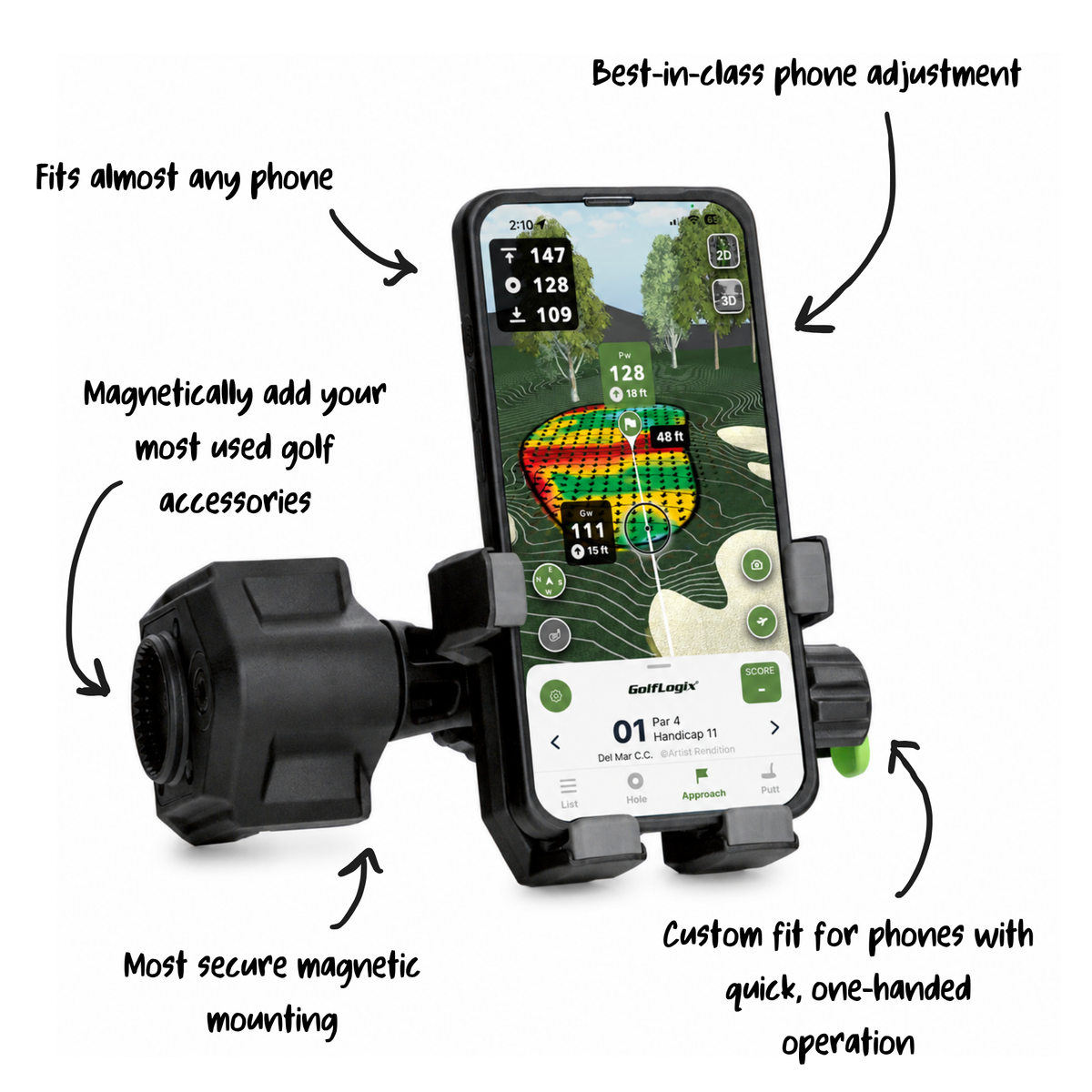 RiderStack magnetic golf cart phone mount features: fits almost any phone, best-in-class phone adjustment, magnetic accessories, secure magnetic mounting