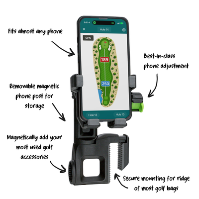 CarryStack magnetic golf bag phone mount features: fits almost any phone, best-in-class phone adjustment, removable magnetic phone post, secure bag ridge mounting
